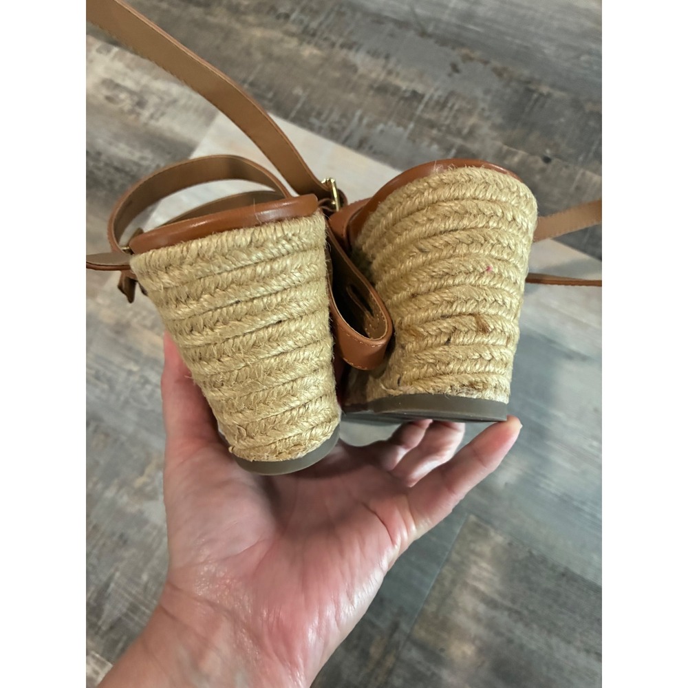 Vionic Womens Tan Brown Leather Espadrille Wedge Sandals Strappy Buckle Heel - Picture 10 of 12